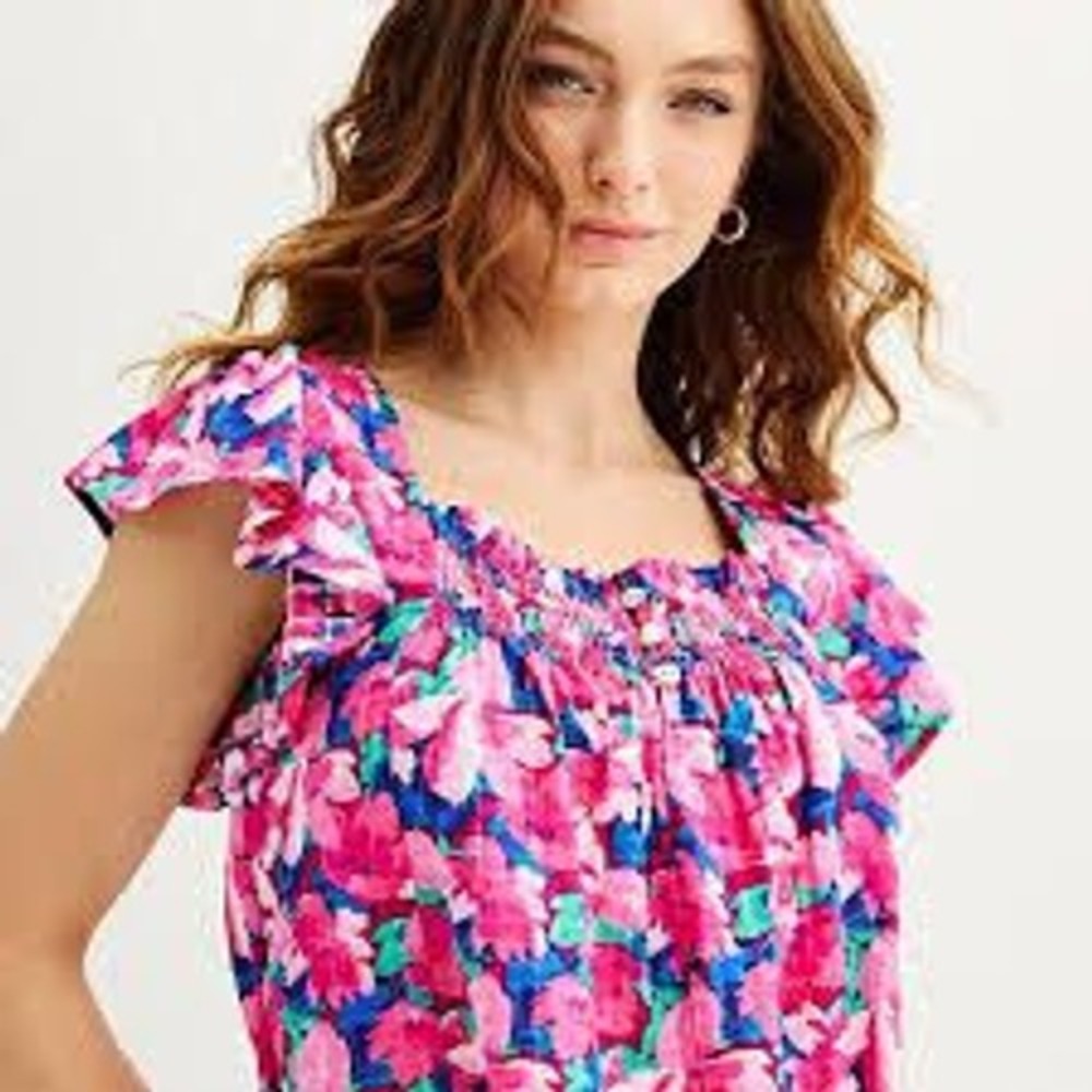 Draper James RSVP Pink Floral Smocked Square Neck Flutter Sleeve Blouse Small